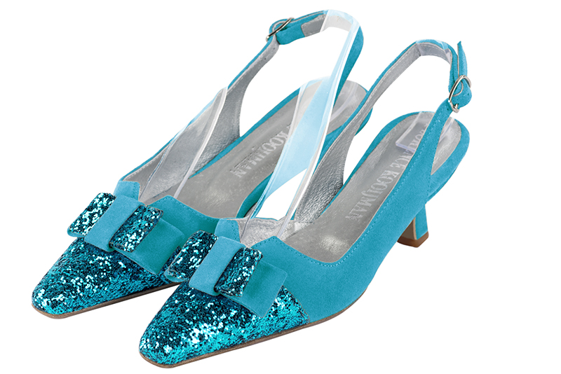 Turquoise blue women's open back shoes, with a knot. Tapered toe. Low spool heels. Front view - Florence KOOIJMAN